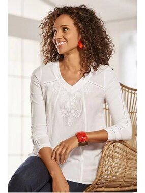 Soft Surroundings Azulle Embroidered Cotton Tunic Blouse Long Sleeve Cut Out PXL